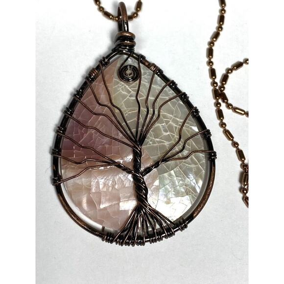 Necklace Mother of Pearl Tree of Life Wire Work Cooper Rose Gold Tone Chain 23” - Picture 3 of 13